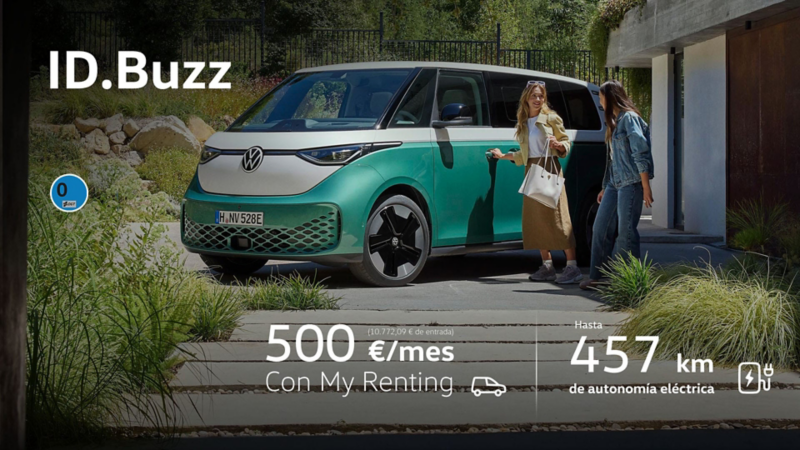 Dos personas entrando a su ID. Buzz verde y blanca por 500€/mes con My Renting