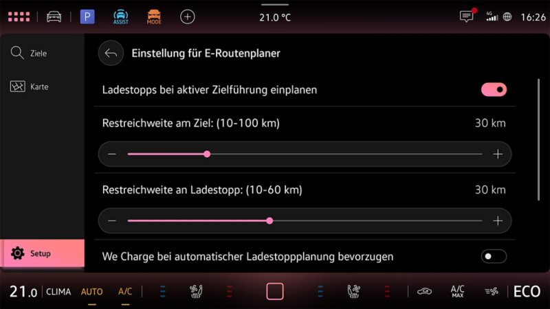 Grafische Darstellung der Restreichweite  im VW E-Routenplaner.