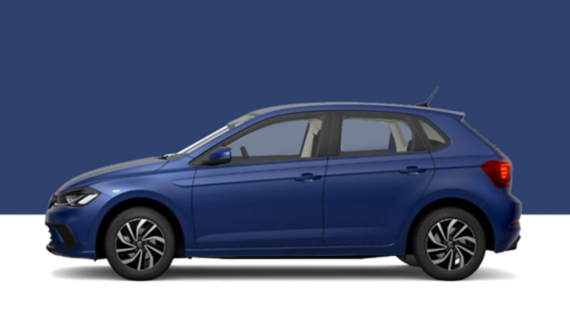 Side view of a VW Polo on a blue background