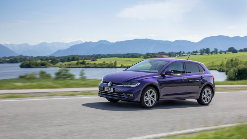 A blue VW Polo on the road