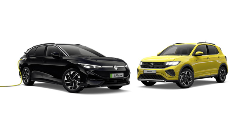 A black ID.7 Tourer and a yellow T-Cross on a blank background