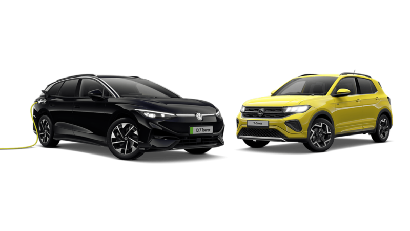 A black ID.7 Tourer and a yellow T-Cross on a blank background