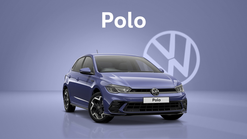 A front three-quarter view of a blue Volkswagen Polo set on an idigo blue background with a transparent Volkswagen logo and text at the top that reads Polo
