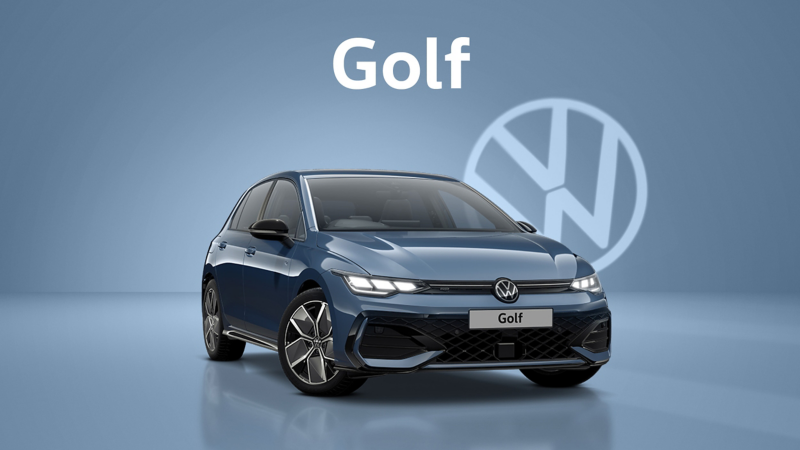 A front three-quarter view of a navy Volkswagen Golf set on a navy background with a transparent Volkswagen logo and text at the top that reads Golf