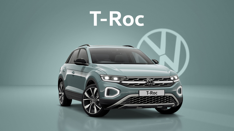 A front three-quarter view of a green Volkswagen T-Roc set on a green background with a transparent Volkswagen logo and text at the top that reads T-Roc