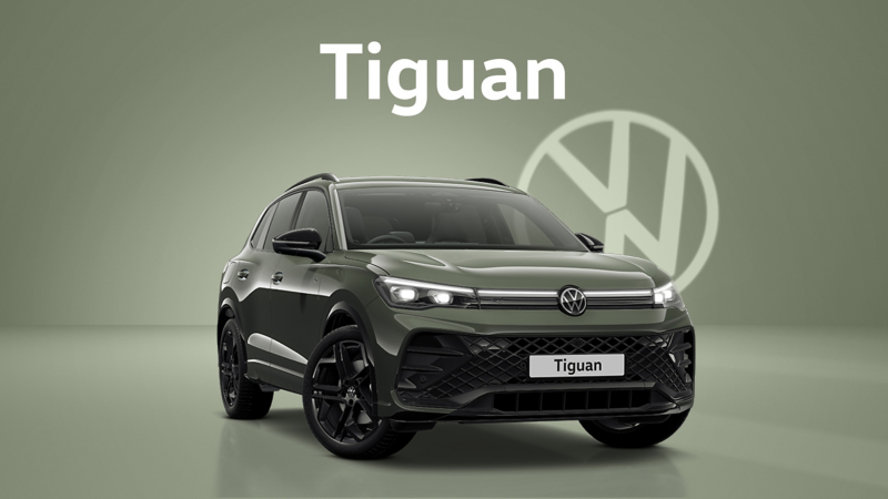 A front three-quarter view of a green Volkswagen Tiguan set on a forest green background with a transparent Volkswagen logo and text at the top that reads Tiguan