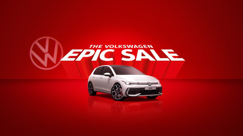 Golf GTI on a red background below the text 'The Volkswagen Epic Sale'