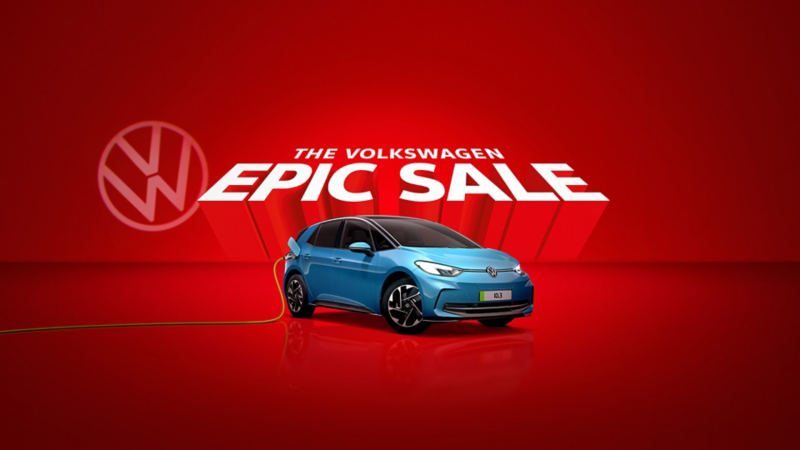ID.3 on a red background below the text 'The Volkswagen Epic Sale'