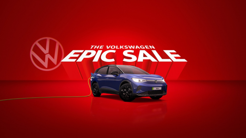 ID.4 on a red background below the text 'The Volkswagen Epic Sale'