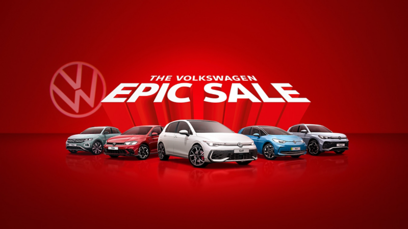 Range of five VW vehicles below the text 'The Volkswagen Epic Sale'