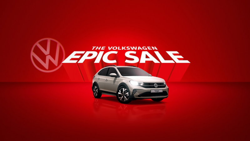Taigo on a red background below the text 'The Volkswagen Epic Sale'