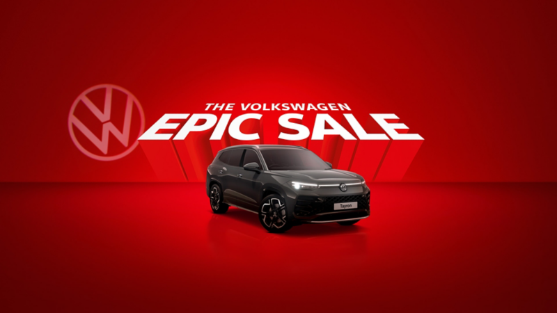 Tayron on a red background below the text 'The Volkswagen Epic Sale'