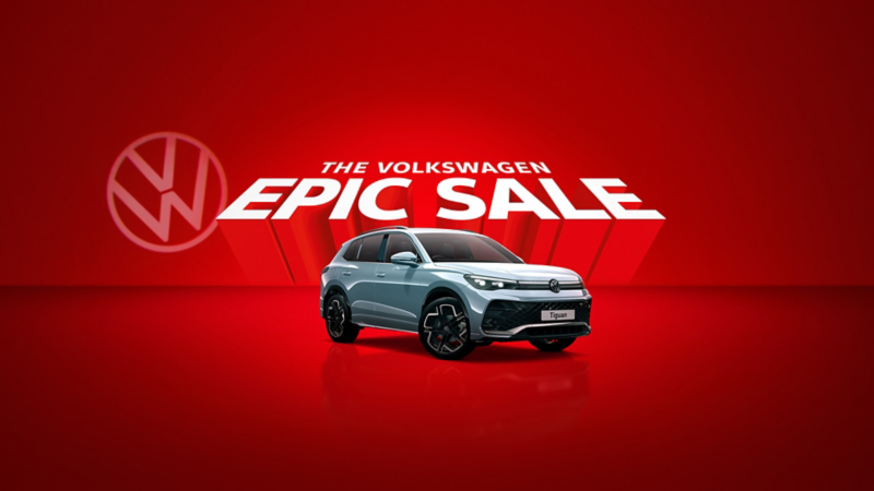 Tiguan on a red background below the text 'The Volkswagen Epic Sale'
