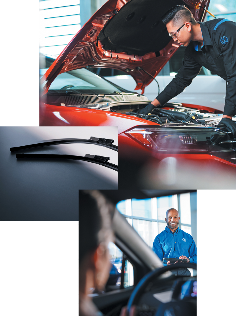 Montage of images showing VW technicians working on vehicles and dealership staff.