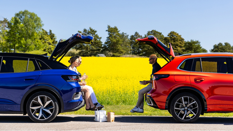 En blå och en röd Volkswagen står med öppna bakluckor mot varandra och tre personer sitter på kanten till baklucka och äter. Blommande rapsfält i bakgrunden