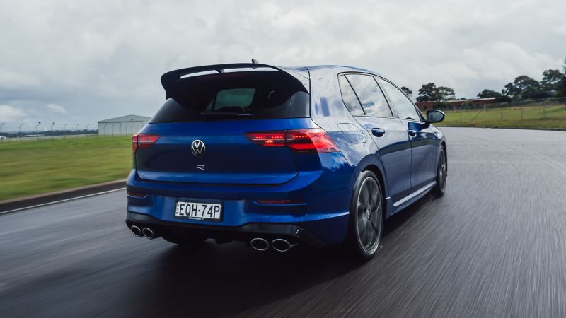 Rear view of the Volkswagen Golf  R passing on the highway