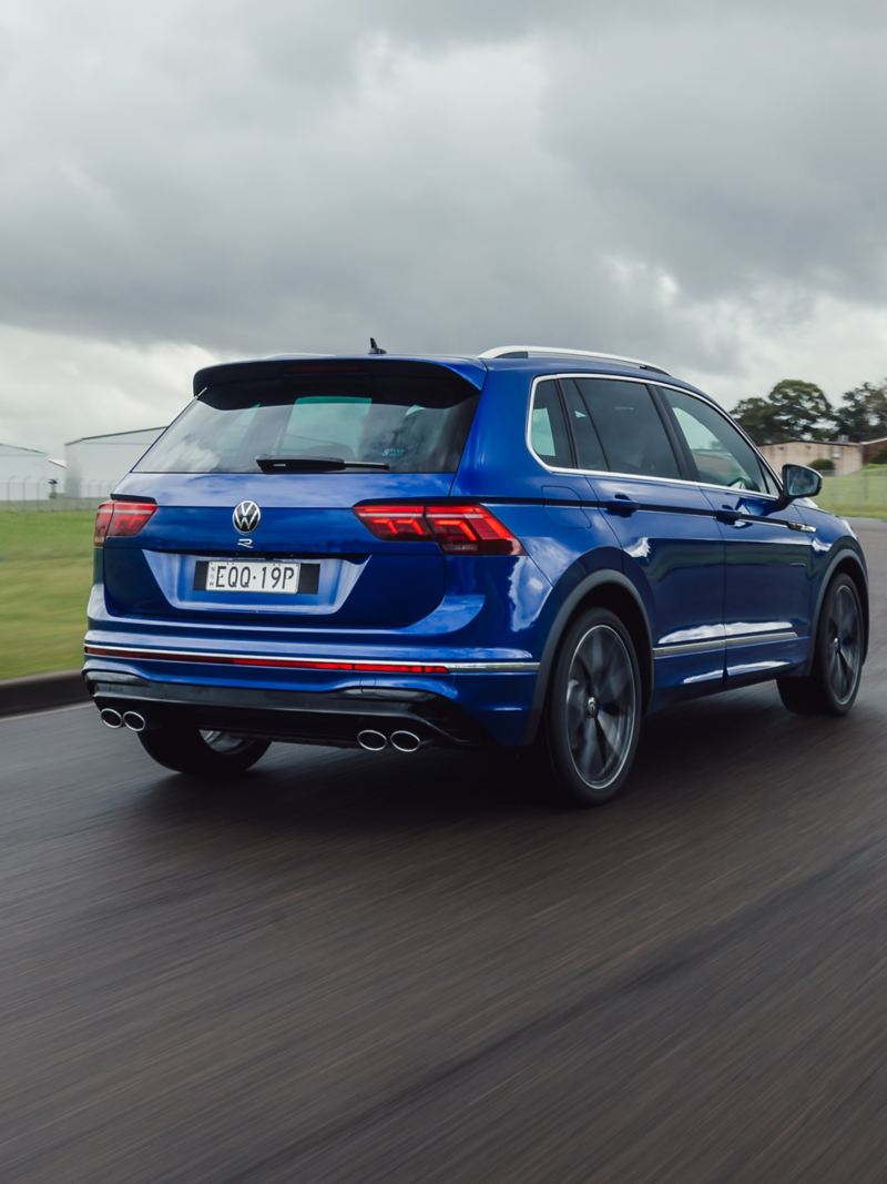 Rear view of the Volkswagen Tiguan R  passing on the highway