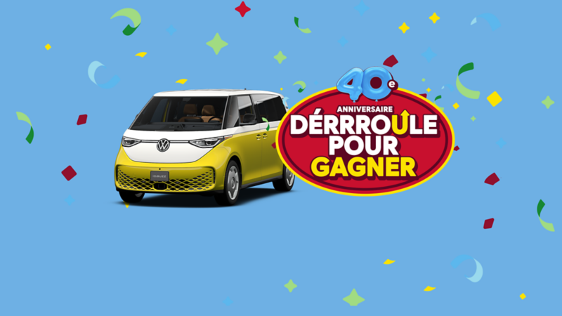 Visuel promotionnel sur fond bleu avec confettis : un ID. Buzz de Volkswagen jaune et blanc à gaucheet un médaillon rouge « 40e anniversaire – DÉRRROULE POUR GAGNER » à droite.