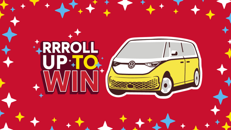 Illustration of a yellow Volkswagen ID. Buzz van on a red background with the text "RRRROLL UP TO WIN".