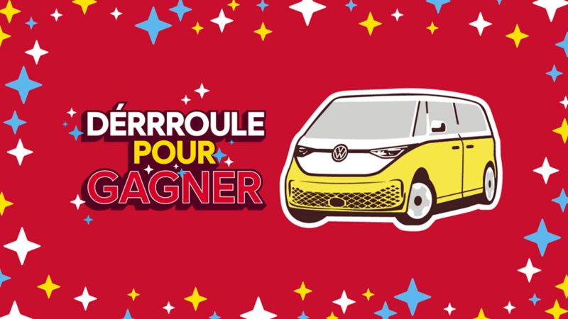 Illustration d'un Volkswagen ID. Buzz jaune sur fond rouge avec le texte « DÉRRROULE POUR GAGNER ».