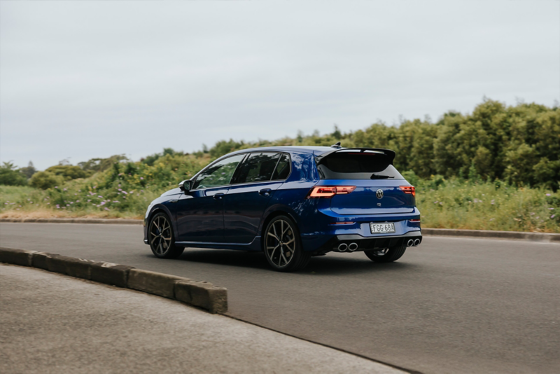 Rear view of the Volkswagen Golf  R passing on the highway