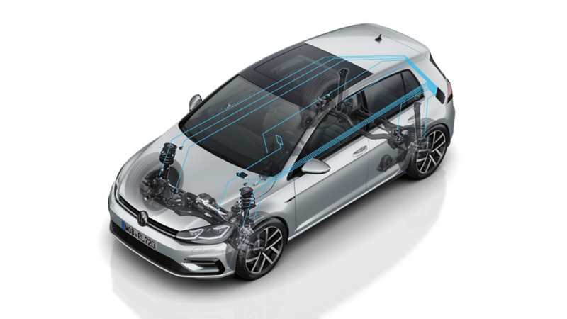 Rappresentazione grafica del sistema di regolazione adattiva dell'assetto DCC di una Volkswagen Golf.