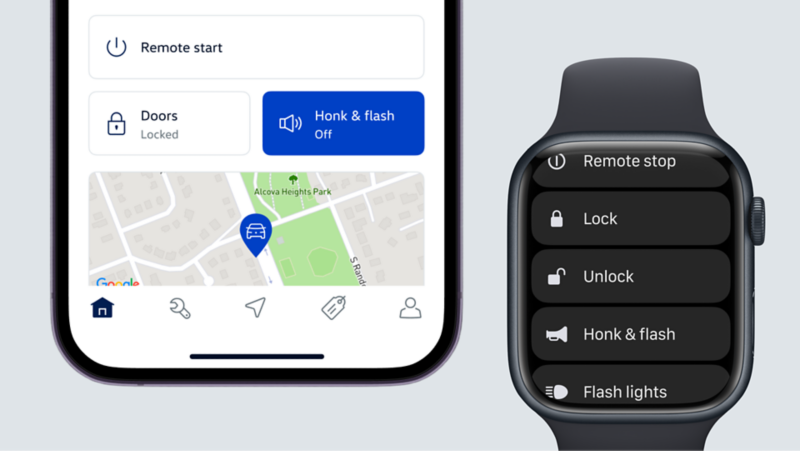 A myVW interface for a car, with a "Remote Start" popup open on a mobile device and a smartwatch.