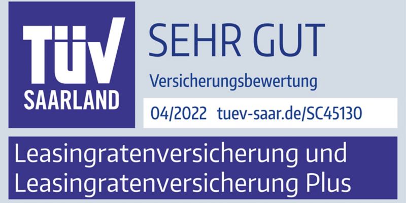 TÜV Saarland Prüfzeichen für sehr gute Versicherungsbewertung der Leasingratenversicherung