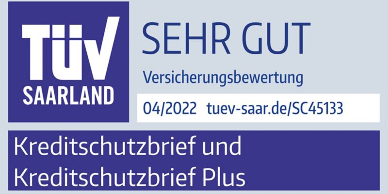 TÜV Saarland Prüfzeichen für sehr gute Versicherungsbewertung des Kreditschutzbriefs