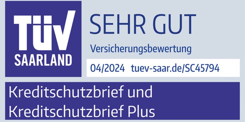 TÜV Saarland Prüfzeichen für sehr gute Versicherungsbewertung des Kreditschutzbriefs