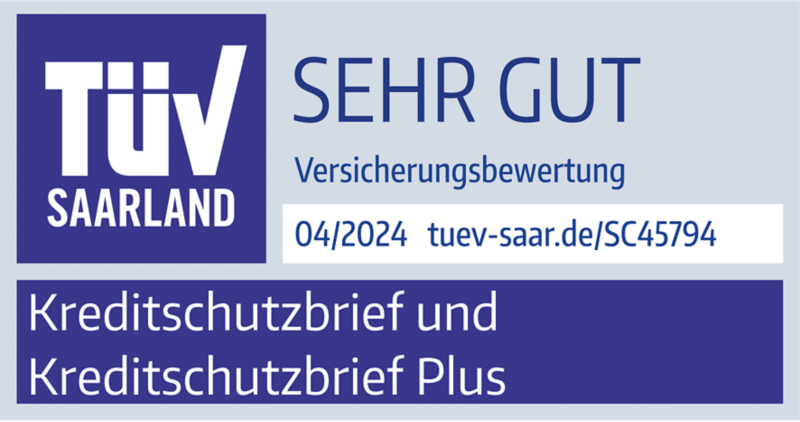 TÜV Saarland Prüfzeichen für sehr gute Versicherungsbewertung des Kreditschutzbriefs