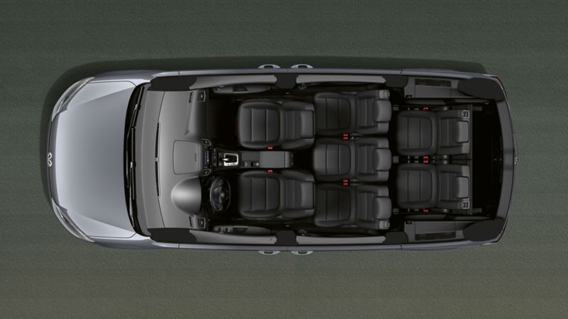 Blick von oben durch das Dach auf den VW Sharan mit optionaler dritter Sitzreihe.