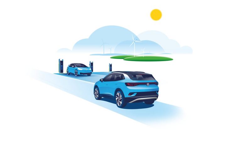 Illustration von zwei VW ID. Modellen an einer Ladestation.
