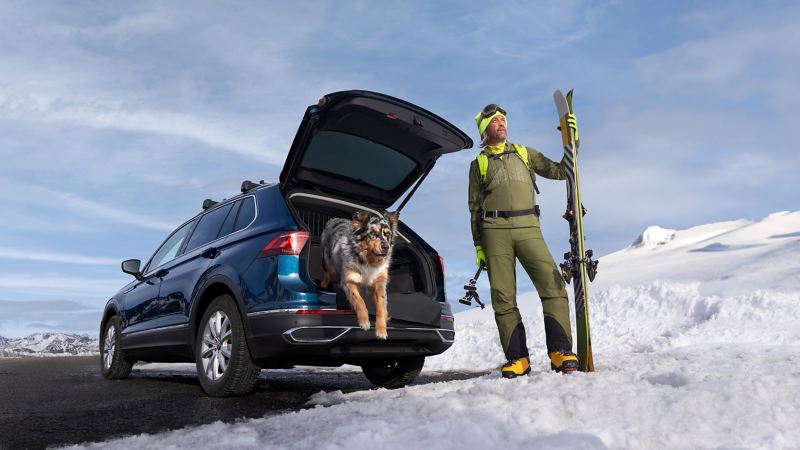 A silver VW car with a roof box in a snowy landscape and a man with a dog who is doing ice fishing