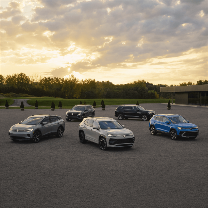 The Five Volkswagen SUVs parked outdoors with woods and a city skyline in the background