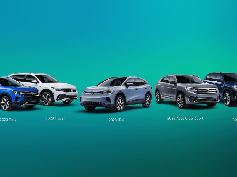Taos Highline with alloy wheel package, Tiguan Highline R-Line, ID.4 Pro AWD with Statement Package and alloy wheel package, Cross Sport Execline and Atlas Execline.