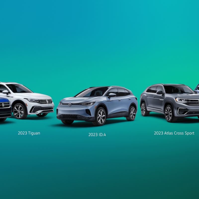 Taos Highline with alloy wheel package, Tiguan Highline R-Line, ID.4 Pro AWD with Statement Package and alloy wheel package, Cross Sport Execline and Atlas Execline.