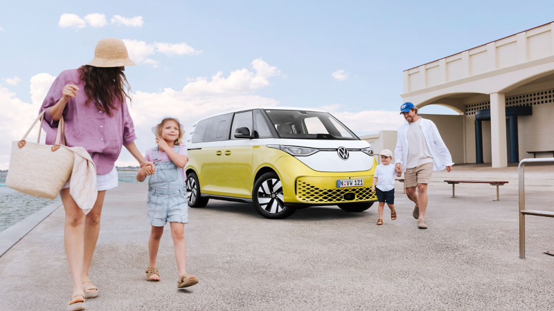 VW ID. Buzz in yellow, with family 