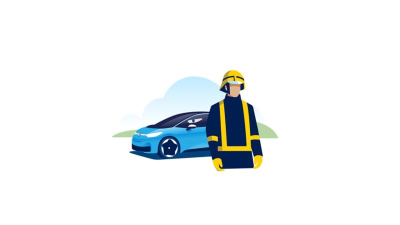 Illustration of a fire fighter standng in front of a Volkswagen ID.3.