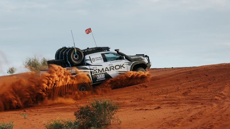 VW Amarok in the desert driving up hill