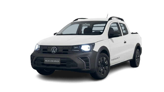 La imagen muestra una camioneta Volkswagen Saveiro blanca con diseño moderno y luces frontales LED, perfecta para combinar estilo y funcionalidad.