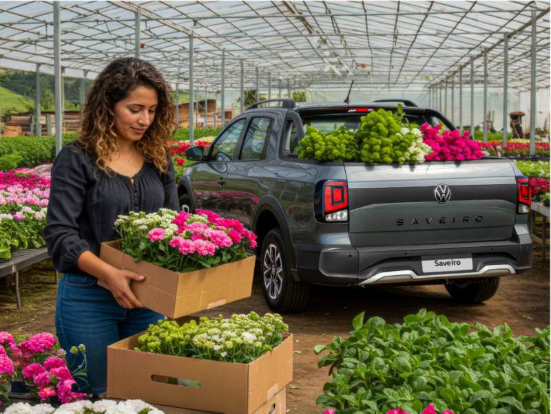 Volkswagen Saveiro gris cargada con cajas de flores en un invernadero, junto a una mujer trabajando con plantas