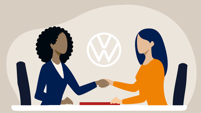 Illustration zeigt zwei Frauen beim Bewerbungsgespräch, die sich die Hände schütteln