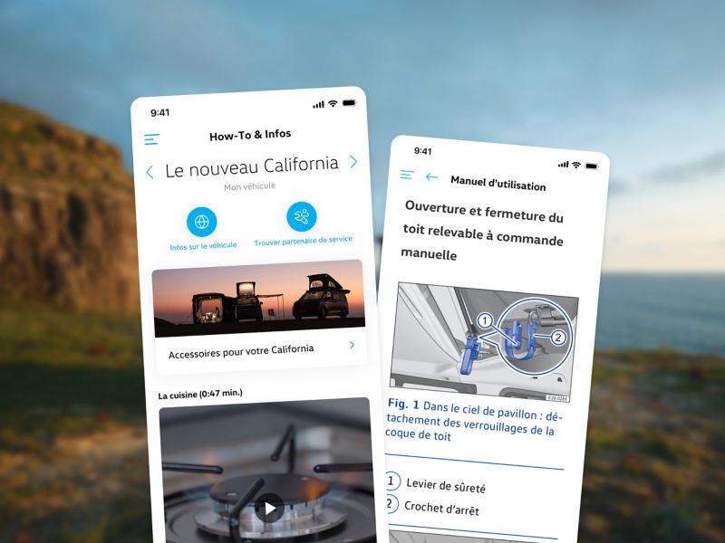 Deux captures d’écran de l’application California sur le thème «Tutoriel & infos» avec en arrière-plan un homme qui contemple un paysage côtier flou.