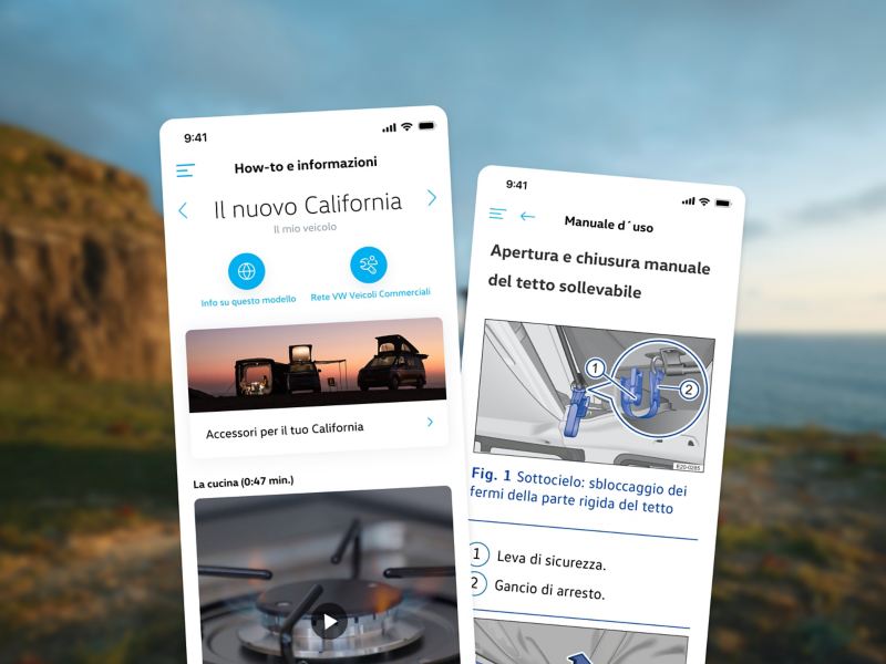 Uno screenshot dell’app California sul tema «Viaggi e scoperte» su uno sfondo con curve di livello stilizzate.