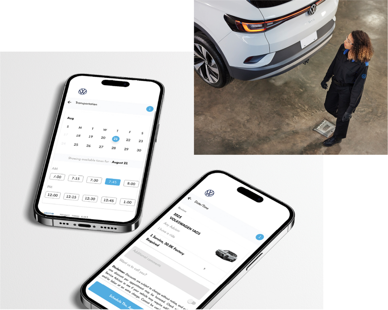 Montage of images showing a VW dealership service bay and images of the myVW mobile app.