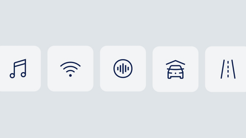 Una colección de iconos que representan los servicios accesibles desde la pestaña Tienda de la myVW app.