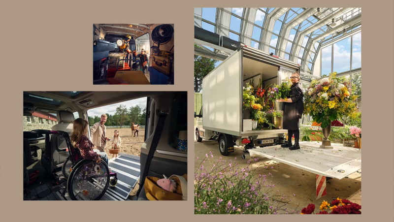 Collage de trois photos illustrant la polyvalence des véhicules utilitaires Volkswagen. On y voit un fourgon aménagé pour un artisan, un véhicule adapté pour le transport d'une personne en fauteuil roulant, et un camion utilisé par une fleuriste pour une livraison.