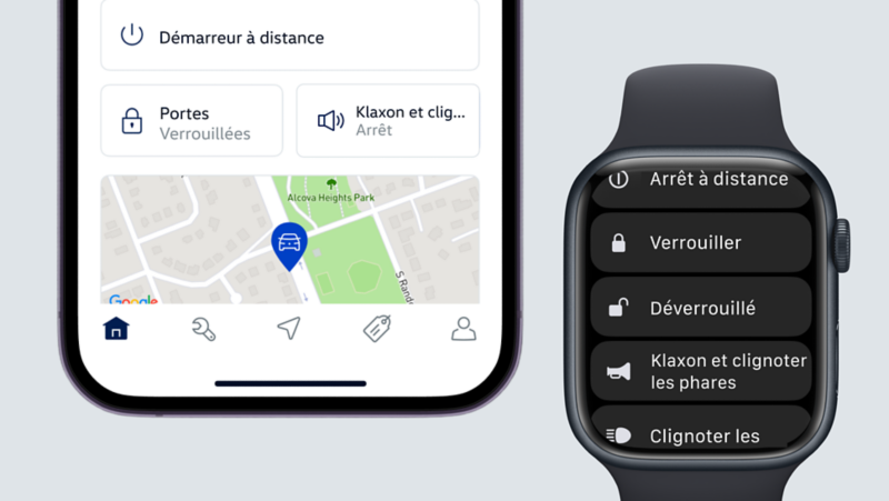 Une interface myVW pour voiture avec une fenêtre « Démarrage à distance » ouverte sur un appareil mobile et une montre intelligente.