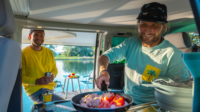 Relaxed cooking in a camper.